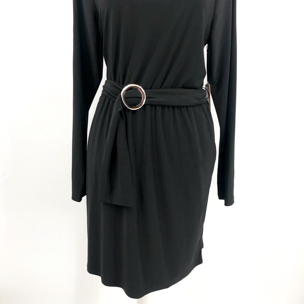 HALOGEN Women's Long Sleeve Ring Belted Dress Large Rich Black Jersey NWT - Picture 3 of 10